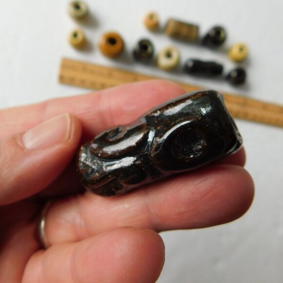 Vintage Macrame Beads Ceramic Handmade Lot fo 12 Rustic, Large Hole Glazed Clay - Picture 5 of 14